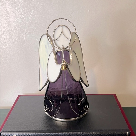 Other - Stained Glass Purple & Pearl White Iridescent Tea Light Angel Candle Holder